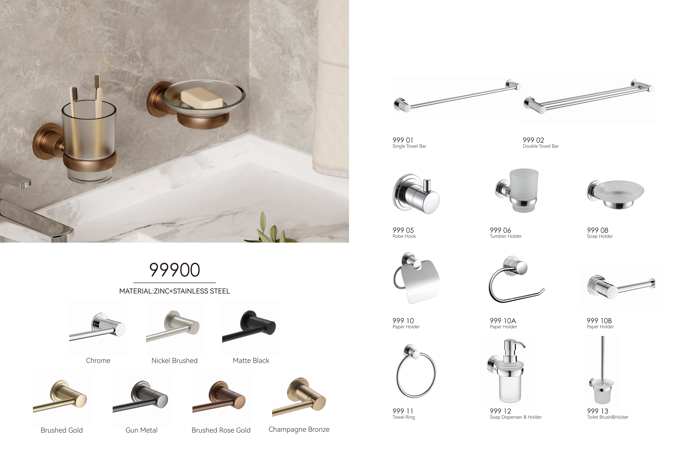 KAIIY 99900 bathroom accessories series catalogue page with finishes and product models