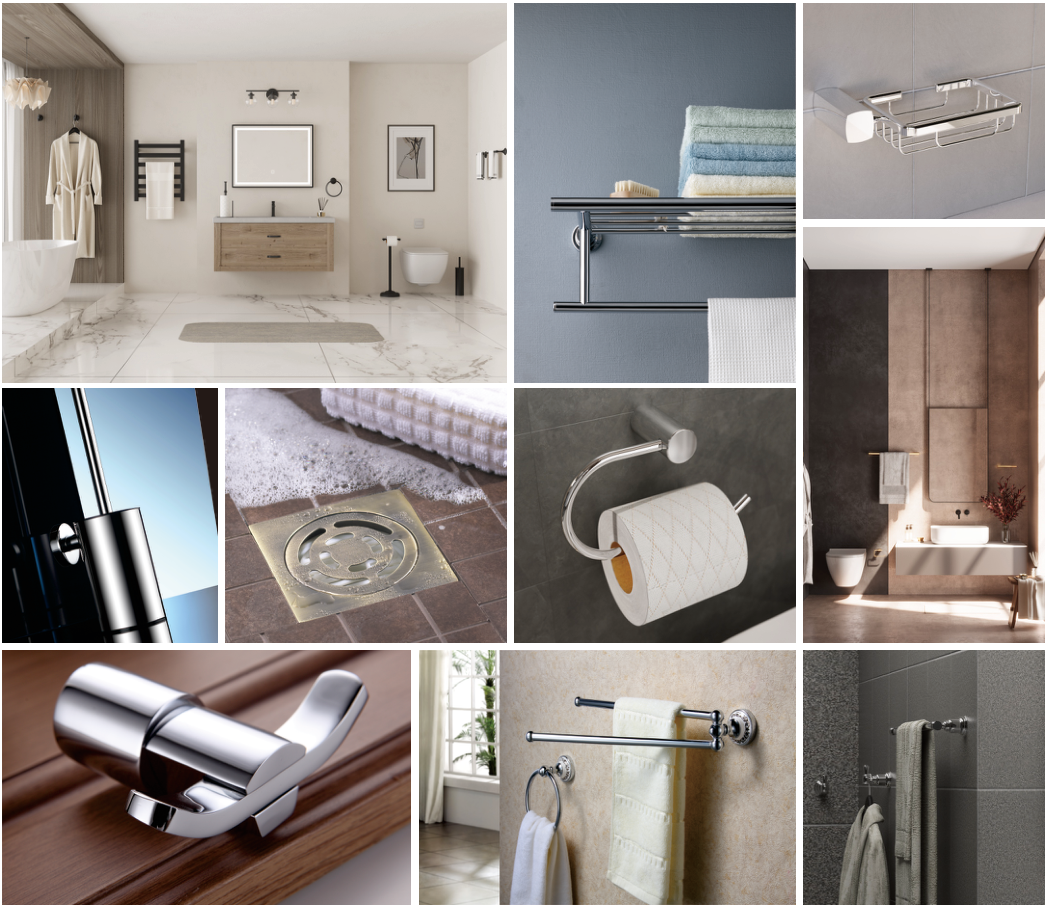 KAIIY bathroom accessories catalogue collage with product and bathroom application images