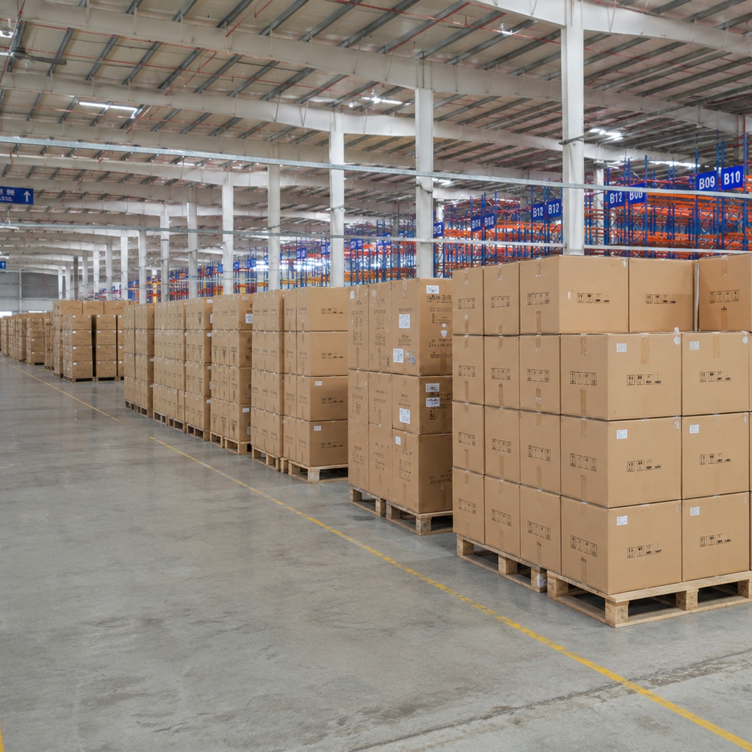 Export packaging cartons stacked on pallets in a warehouse