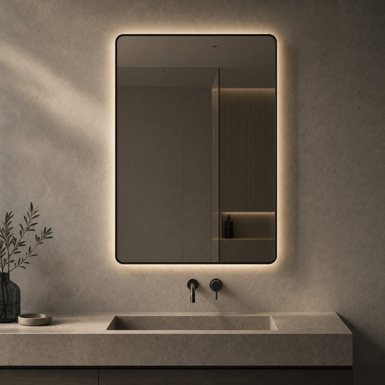 Rectangular bathroom mirror with integrated lighting
